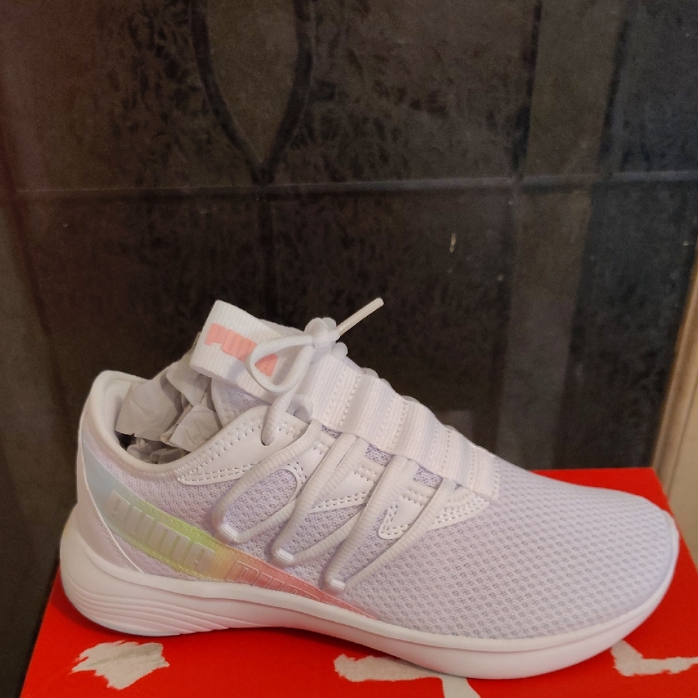 Puma White Mesh Sneakers with Rainbow Detail